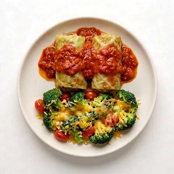 Pomodoro beef & cabbage roll with cheesy broccoli